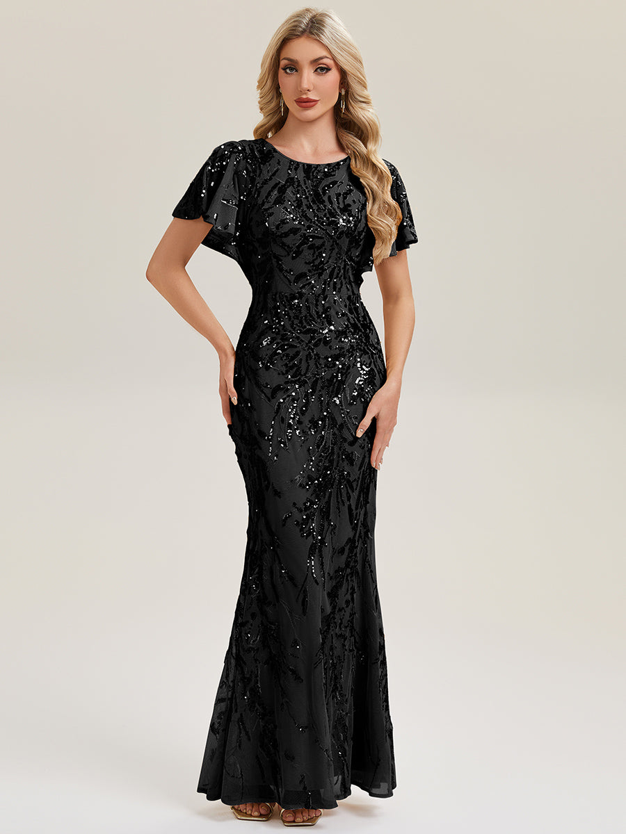 Slit Beaded Sequin Mermaid Evening Dress #color_Black