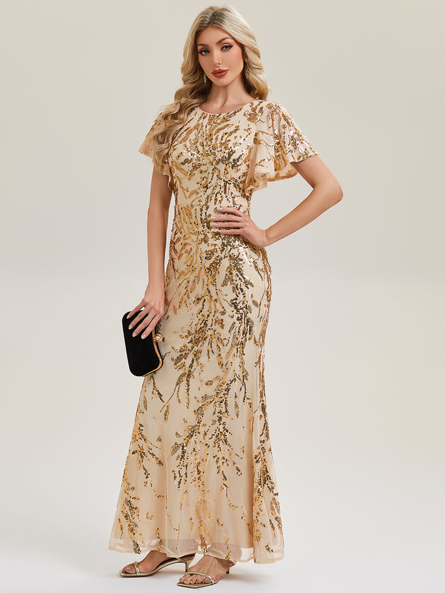 Slit Beaded Sequin Mermaid Evening Dress #color_Gold