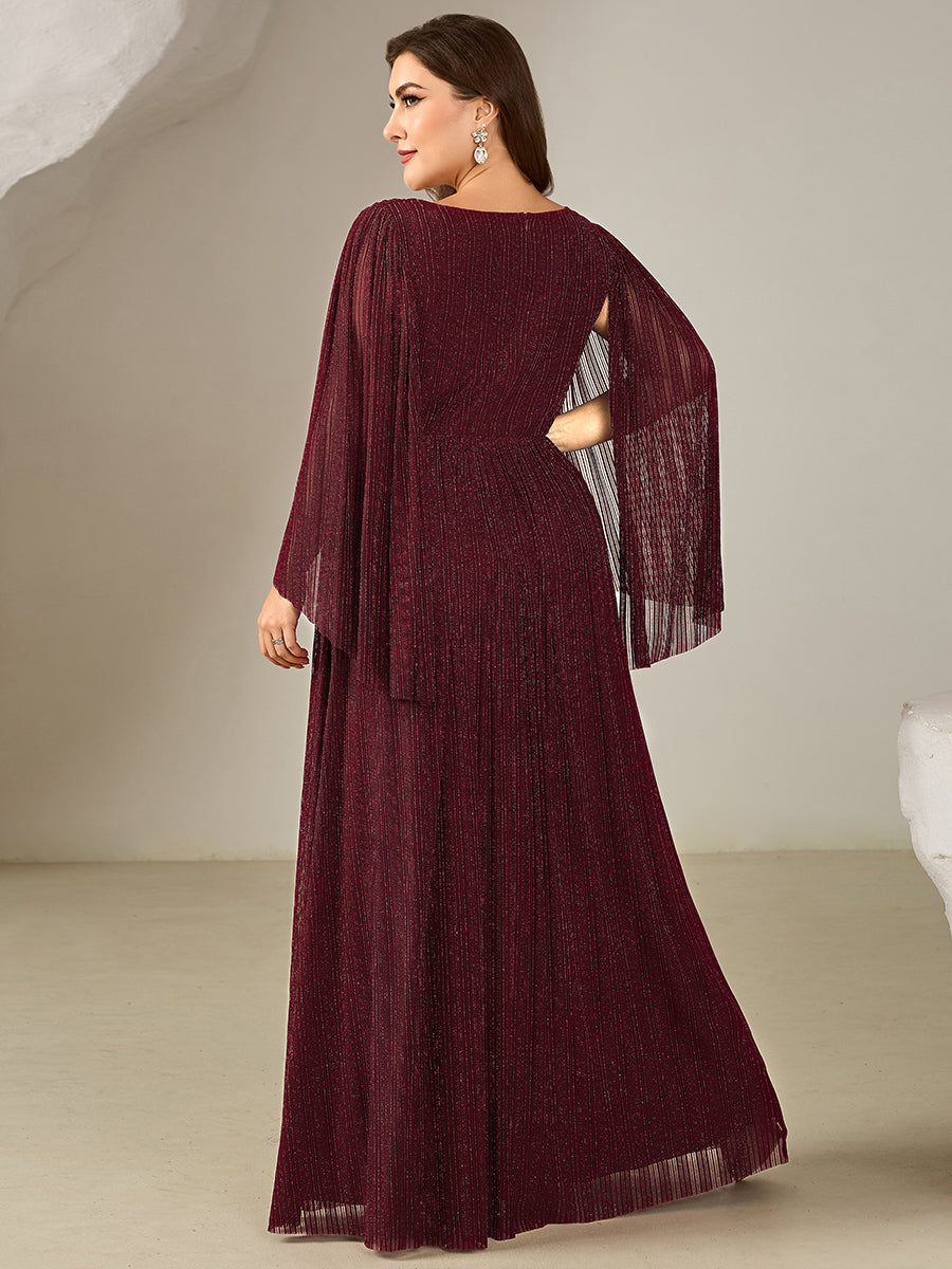 Plus Size Glittery Empire Waist Batwing Sleeve Evening Dress #color_Burgundy