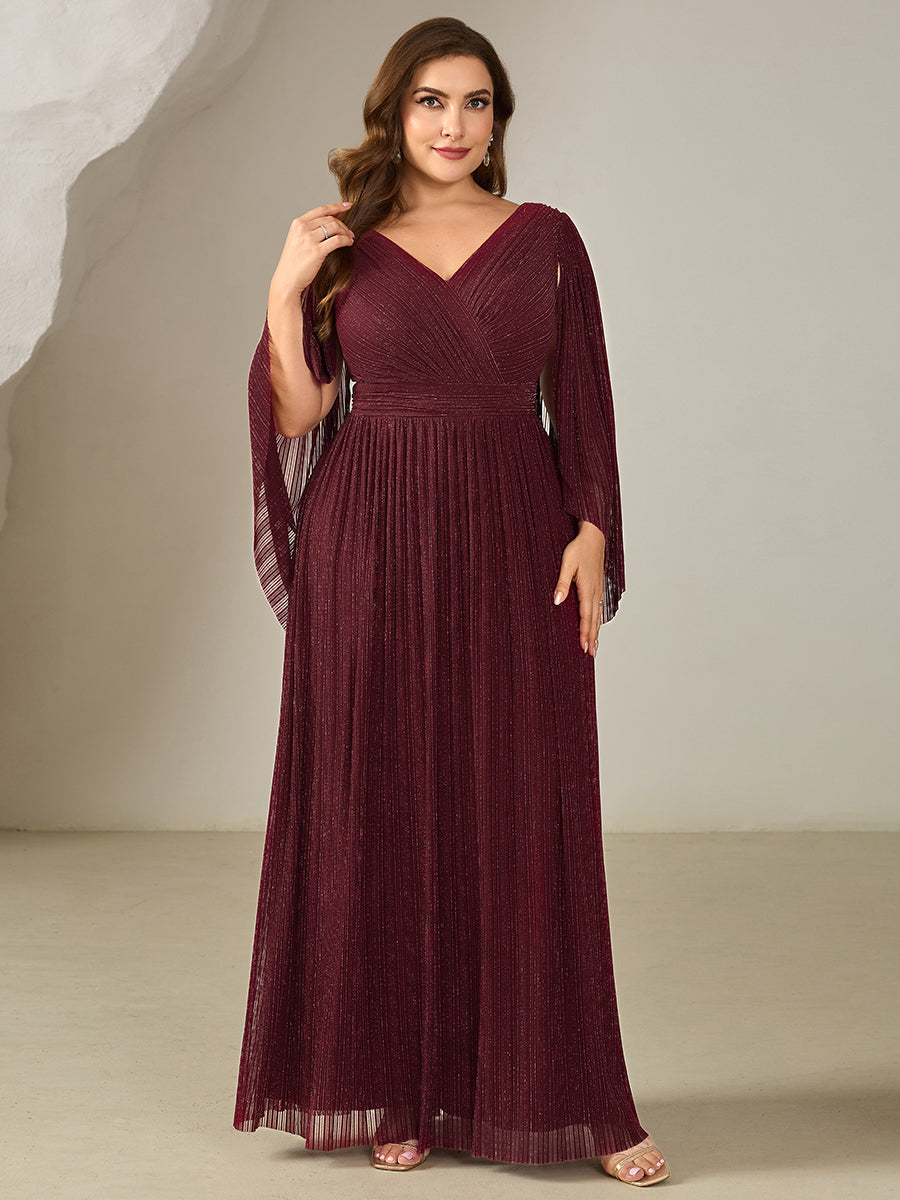 Plus Size Glittery Empire Waist Batwing Sleeve Evening Dress #color_Burgundy