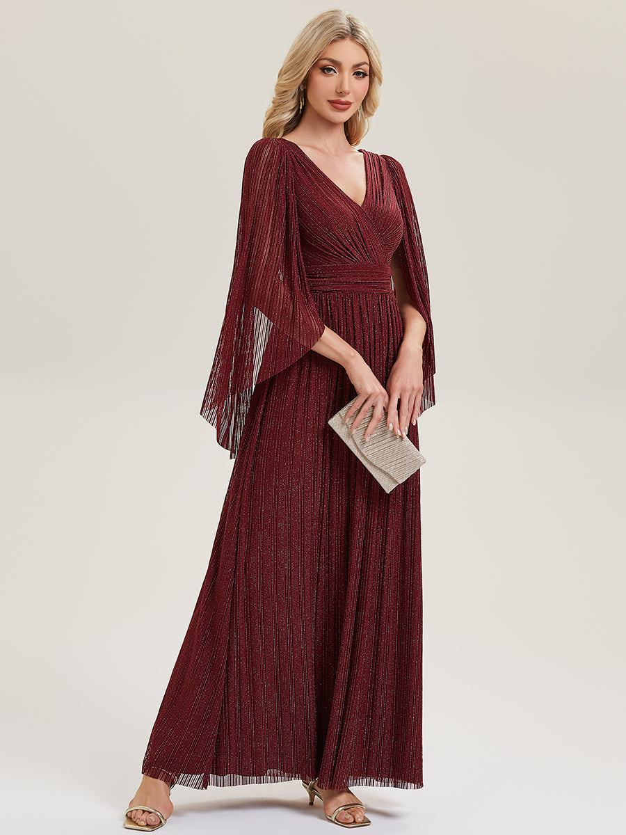 Glittery Empire Waist Batwing Sleeve Mother of the Bride Dress #color_Burgundy