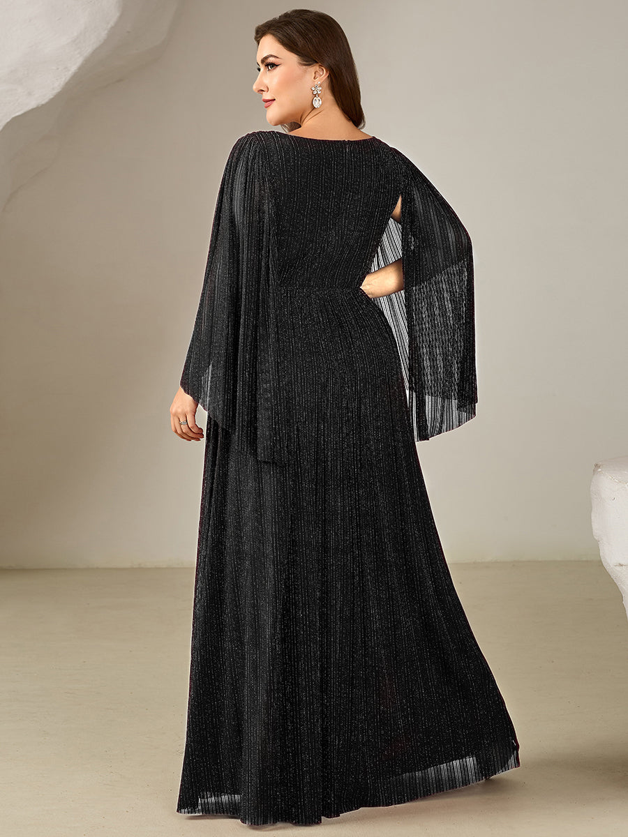 Deep V-Neck Mesh Batwing Sleeve Evening Dress #color_Black