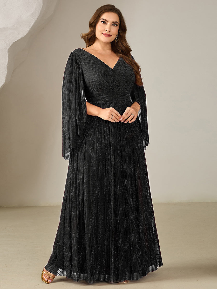Plus Size Glittery Empire Waist Batwing Sleeve Evening Dress #color_Black