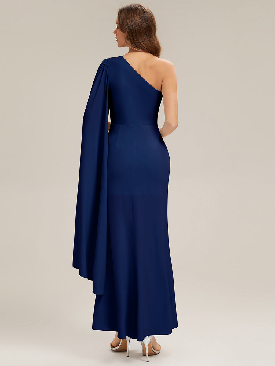 Flowing Ribbons Knit Cape Sleeve Evening Dress #color_Navy Blue