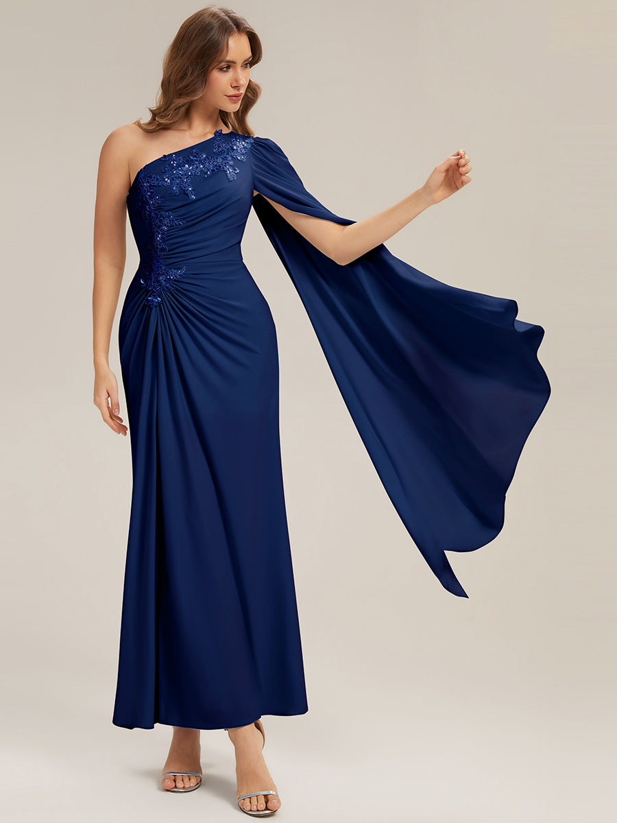 Flowing Ribbons Knit Cape Sleeve Evening Dress #color_Navy Blue