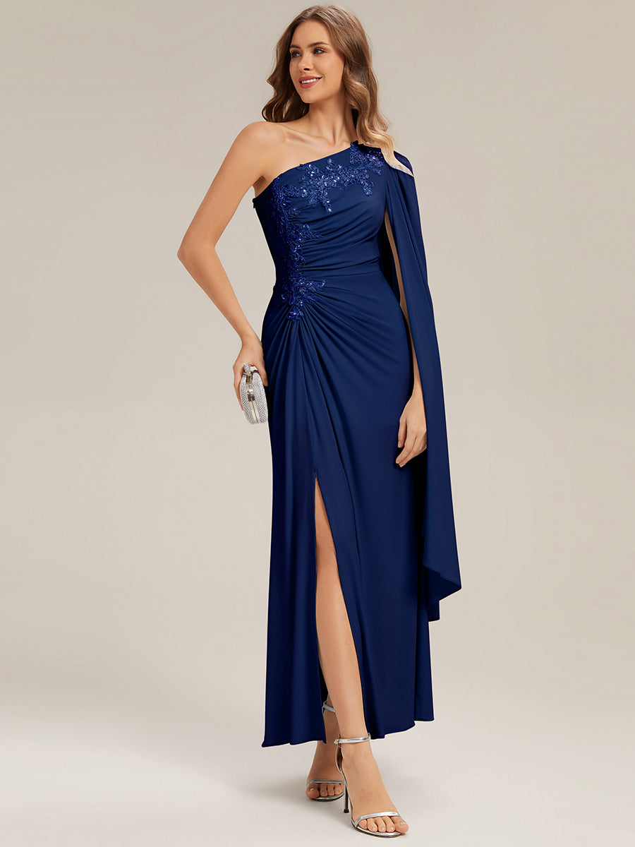 Flowing Ribbons Knit Cape Sleeve Evening Dress #color_Navy Blue