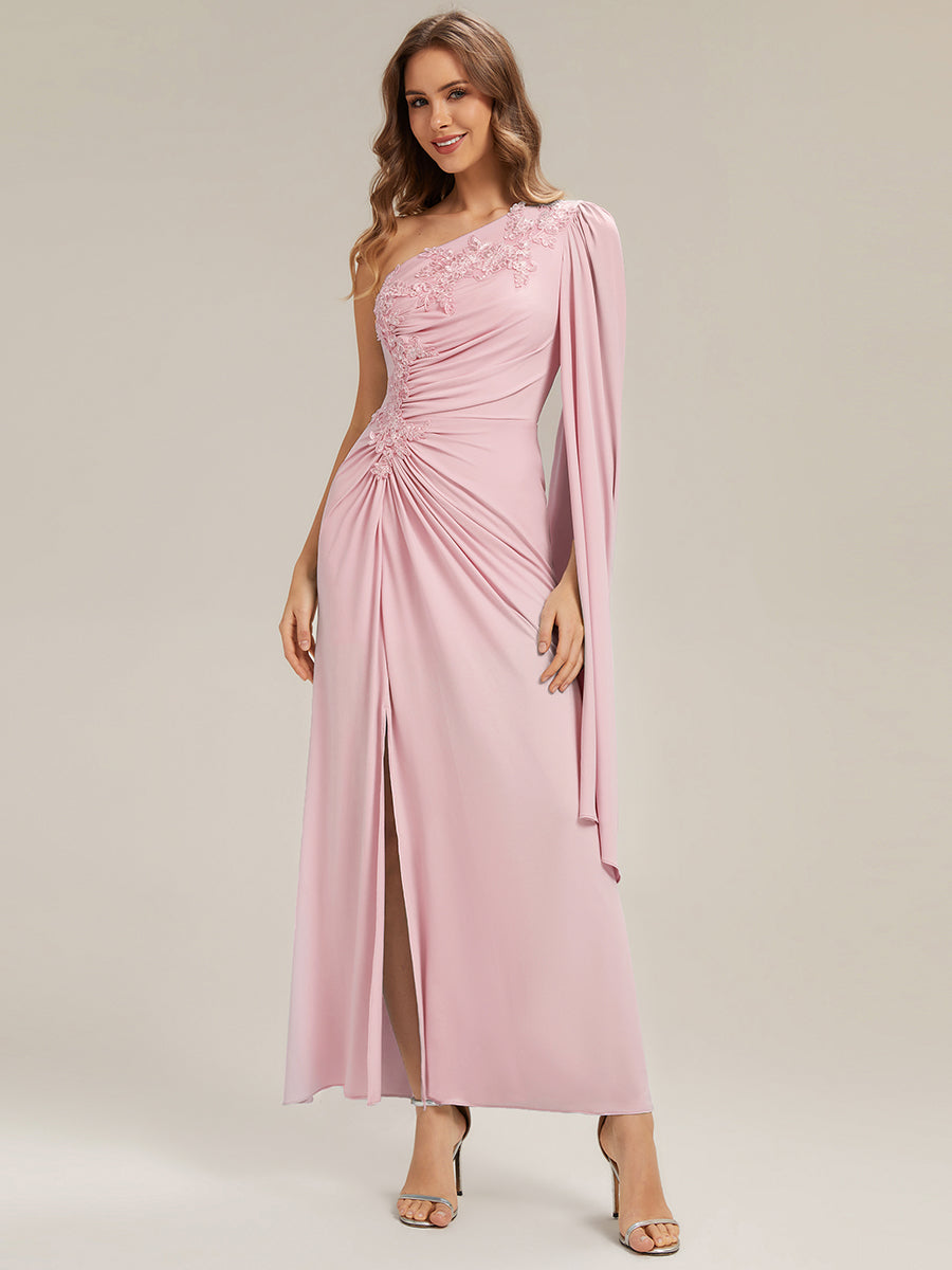 Flowing Ribbons Knit Cape Sleeve Evening Dress #color_Pink