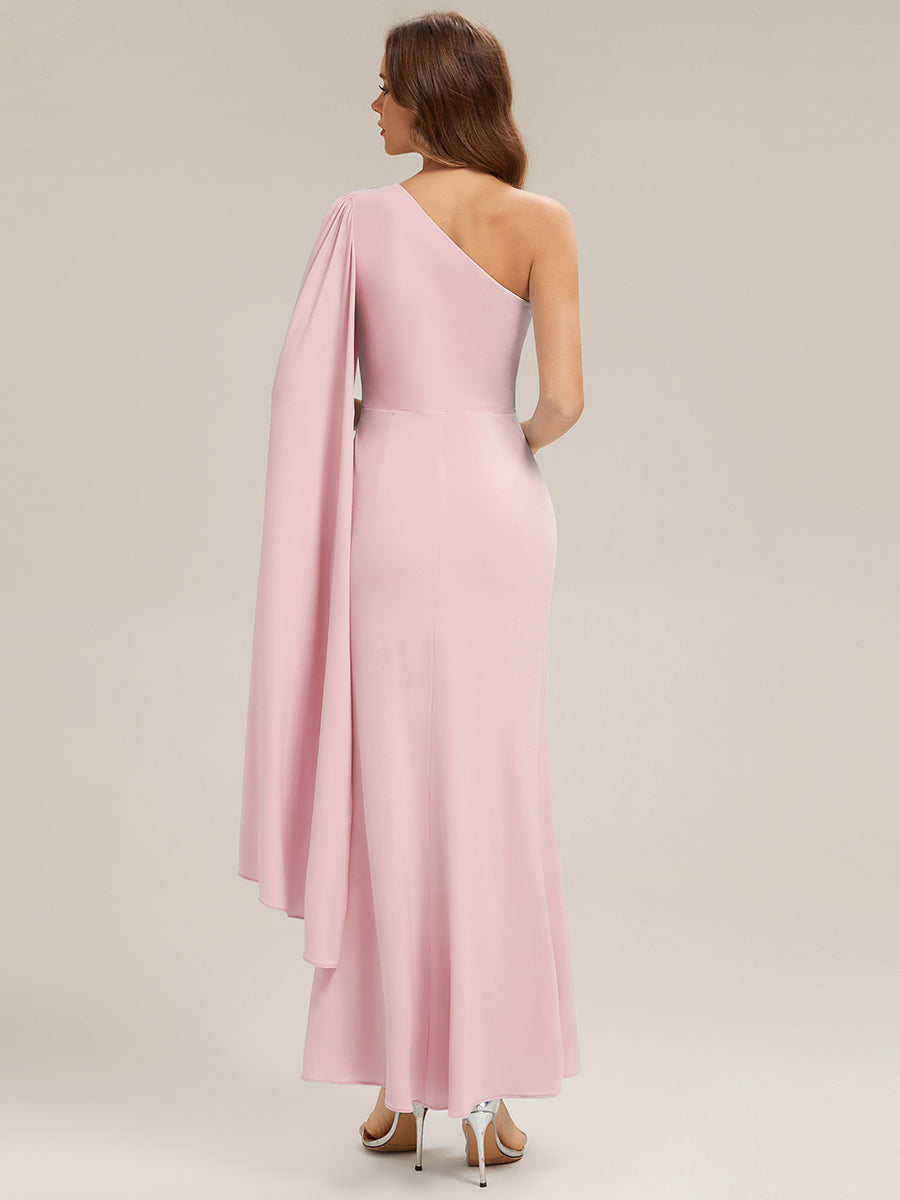Flowing Ribbons Knit Cape Sleeve Evening Dress #color_Pink