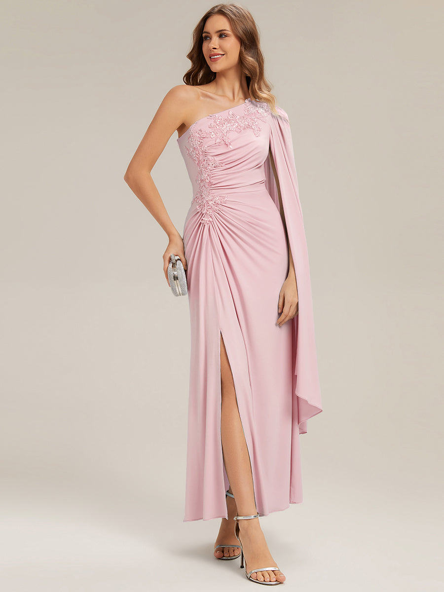 Flowing Ribbons Knit Cape Sleeve Evening Dress #color_Pink