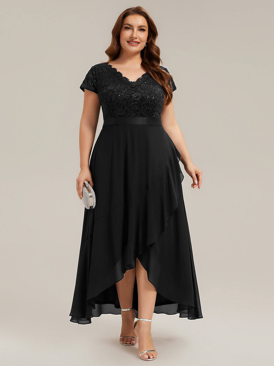 Deep V-Neck Chiffon Cap Sleeve Evening Dress #color_Black
