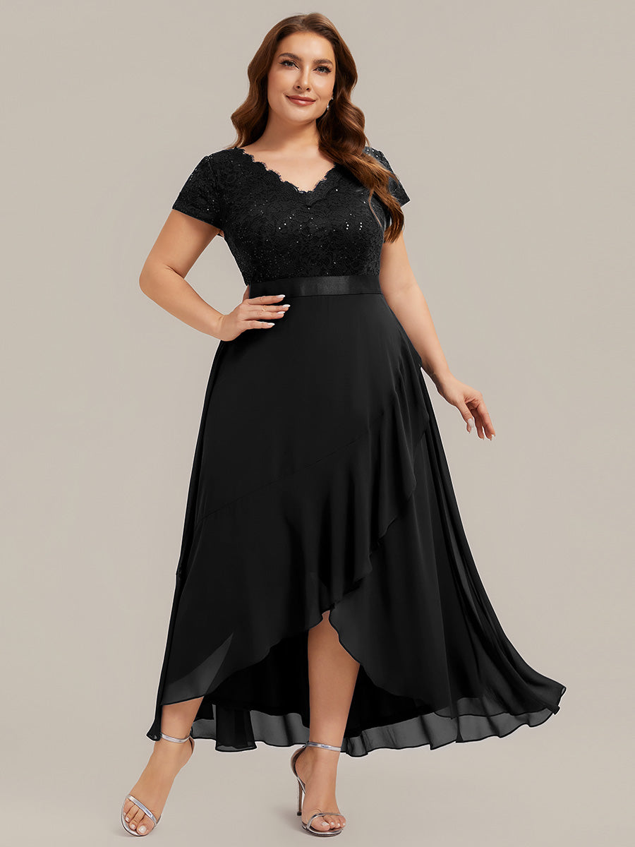 Deep V-Neck Chiffon Cap Sleeve Evening Dress #color_Black