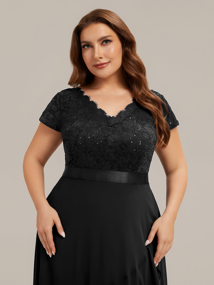 Deep V-Neck Chiffon Cap Sleeve Evening Dress #color_Black