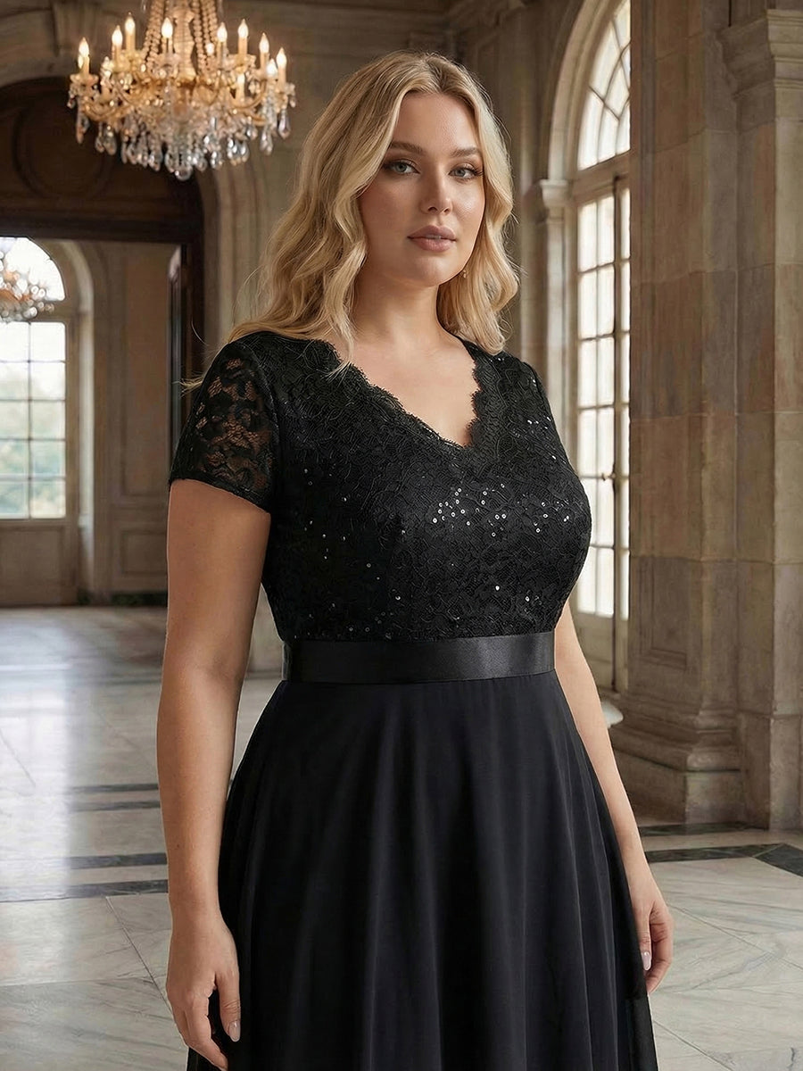 Deep V-Neck Chiffon Cap Sleeve Evening Dress #color_Black