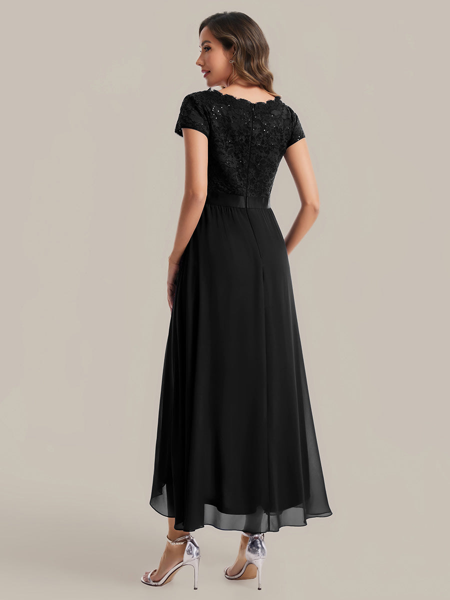 Deep V-Neck Chiffon Cap Sleeve Evening Dress #color_Black