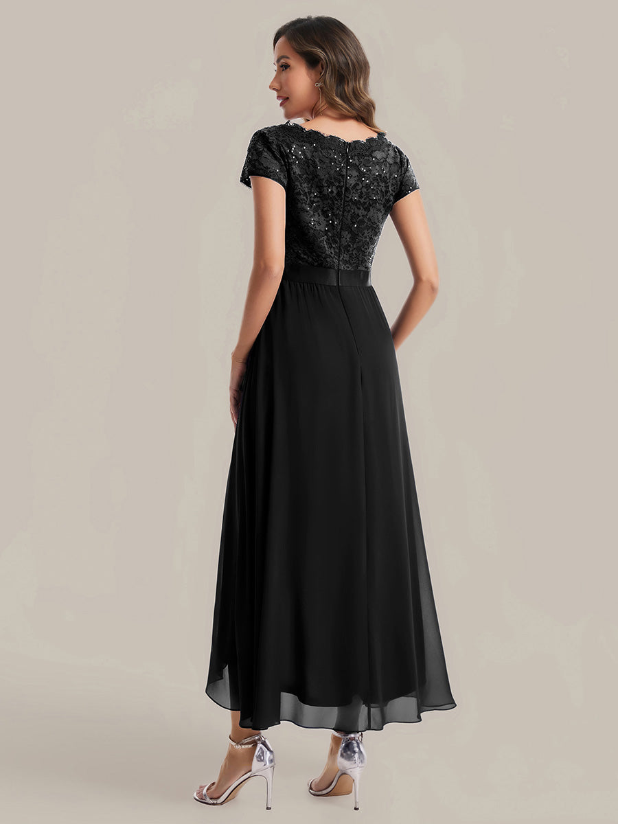 Deep V-Neck Chiffon Cap Sleeve Evening Dress #color_Black
