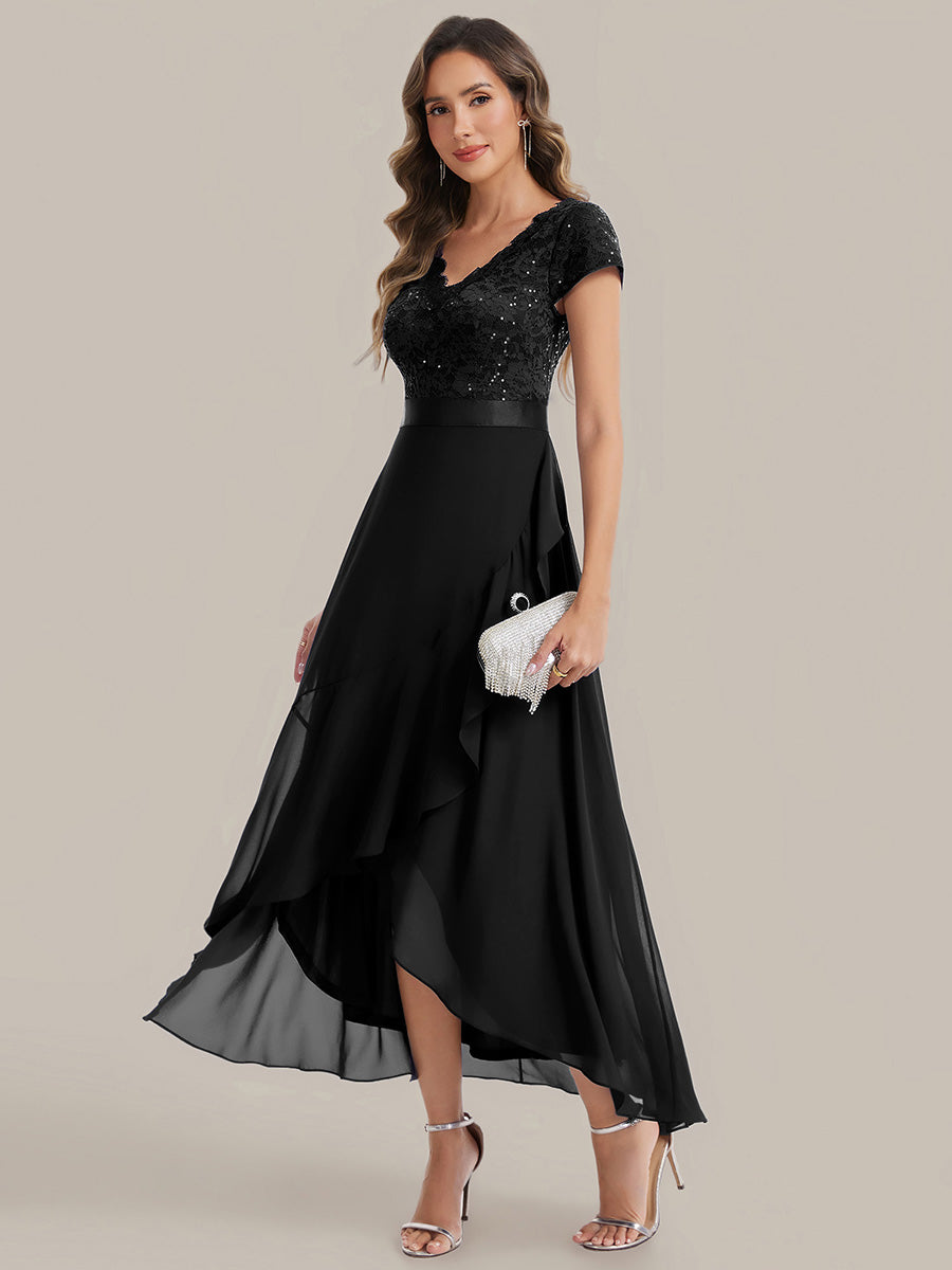 Deep V-Neck Chiffon Cap Sleeve Evening Dress #color_Black