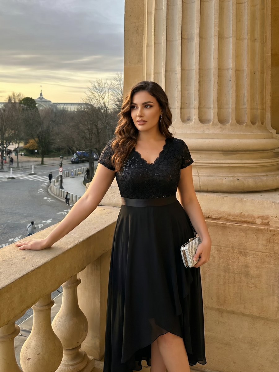 Deep V-Neck Chiffon Cap Sleeve Evening Dress #color_Black