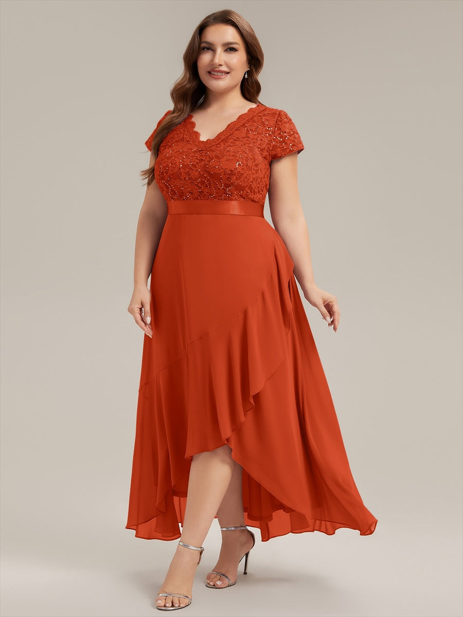 Deep V-Neck Chiffon Cap Sleeve Evening Dress #color_Burnt Orange