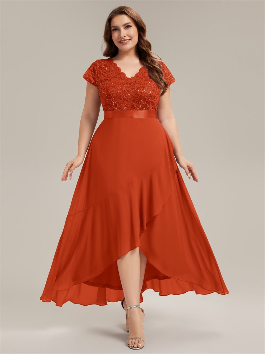 Plus Size Deep V-Neck Chiffon Evening Dress #color_Burnt Orange