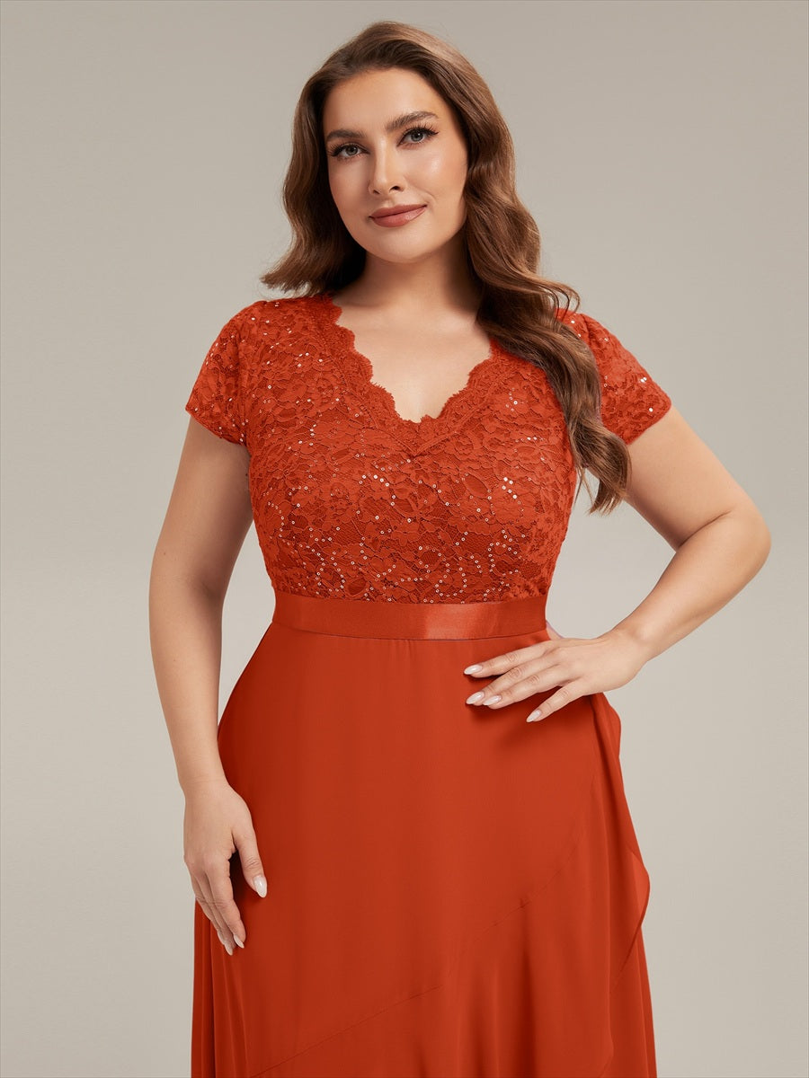 Deep V-Neck Chiffon Cap Sleeve Evening Dress #color_Burnt Orange