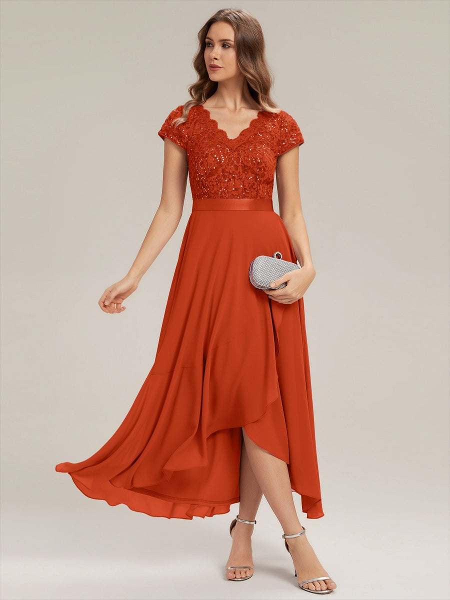 Deep V-Neck Chiffon Cap Sleeve Evening Dress #color_Burnt Orange