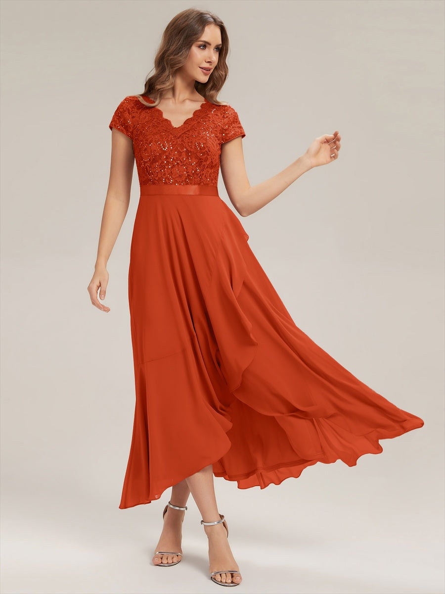Deep V-Neck Chiffon Cap Sleeve Evening Dress #color_Burnt Orange
