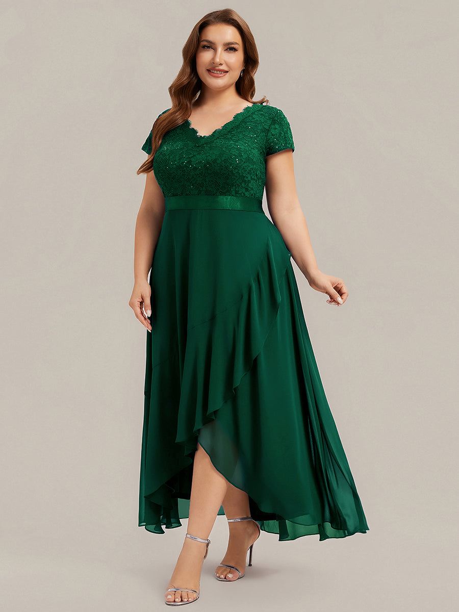 Plus Size Deep V-Neck Chiffon Evening Dress #color_Dark Green