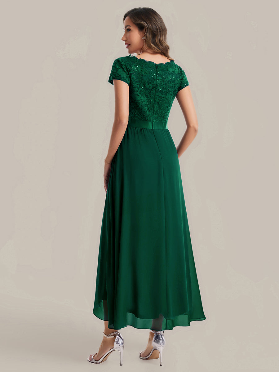 Deep V-Neck Chiffon Cap Sleeve Evening Dress #color_Dark Green