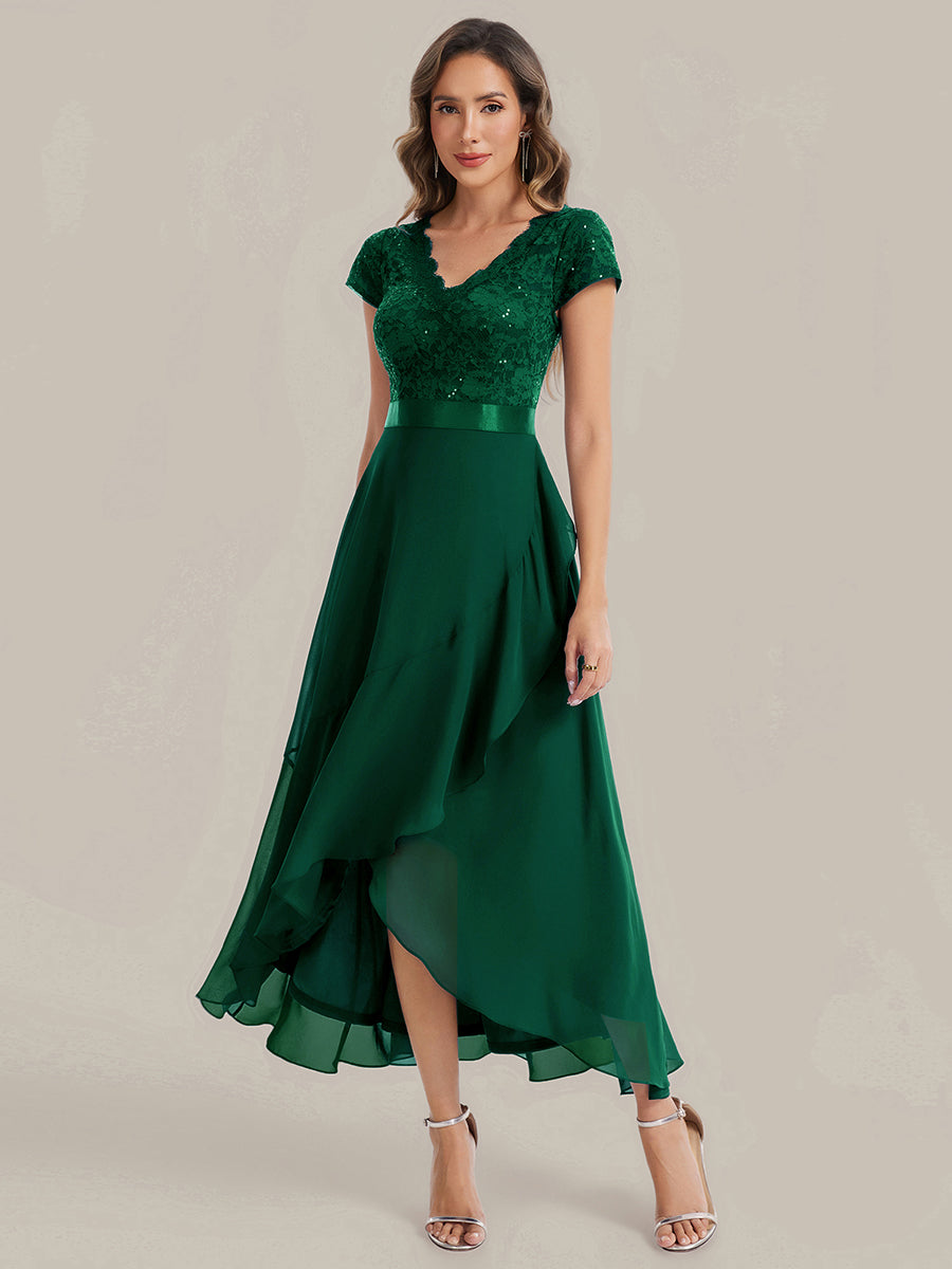 Deep V-Neck Chiffon Cap Sleeve Evening Dress #color_Dark Green