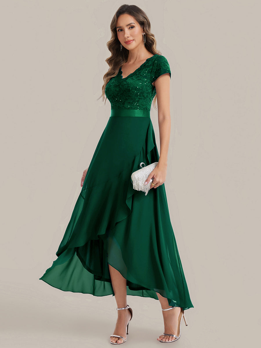 Deep V-Neck Chiffon Cap Sleeve Evening Dress #color_Dark Green