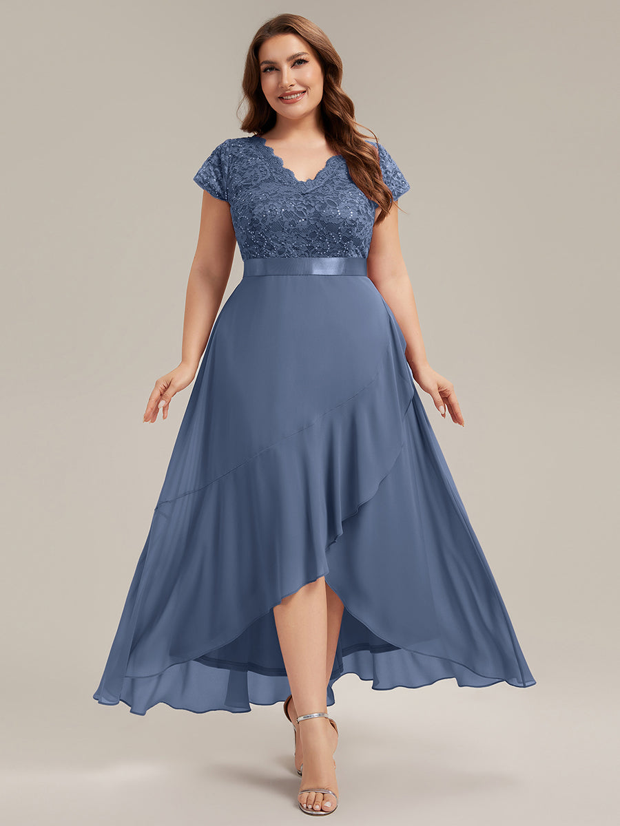 Plus Size Deep V-Neck Chiffon Evening Dress #color_Dusty Blue