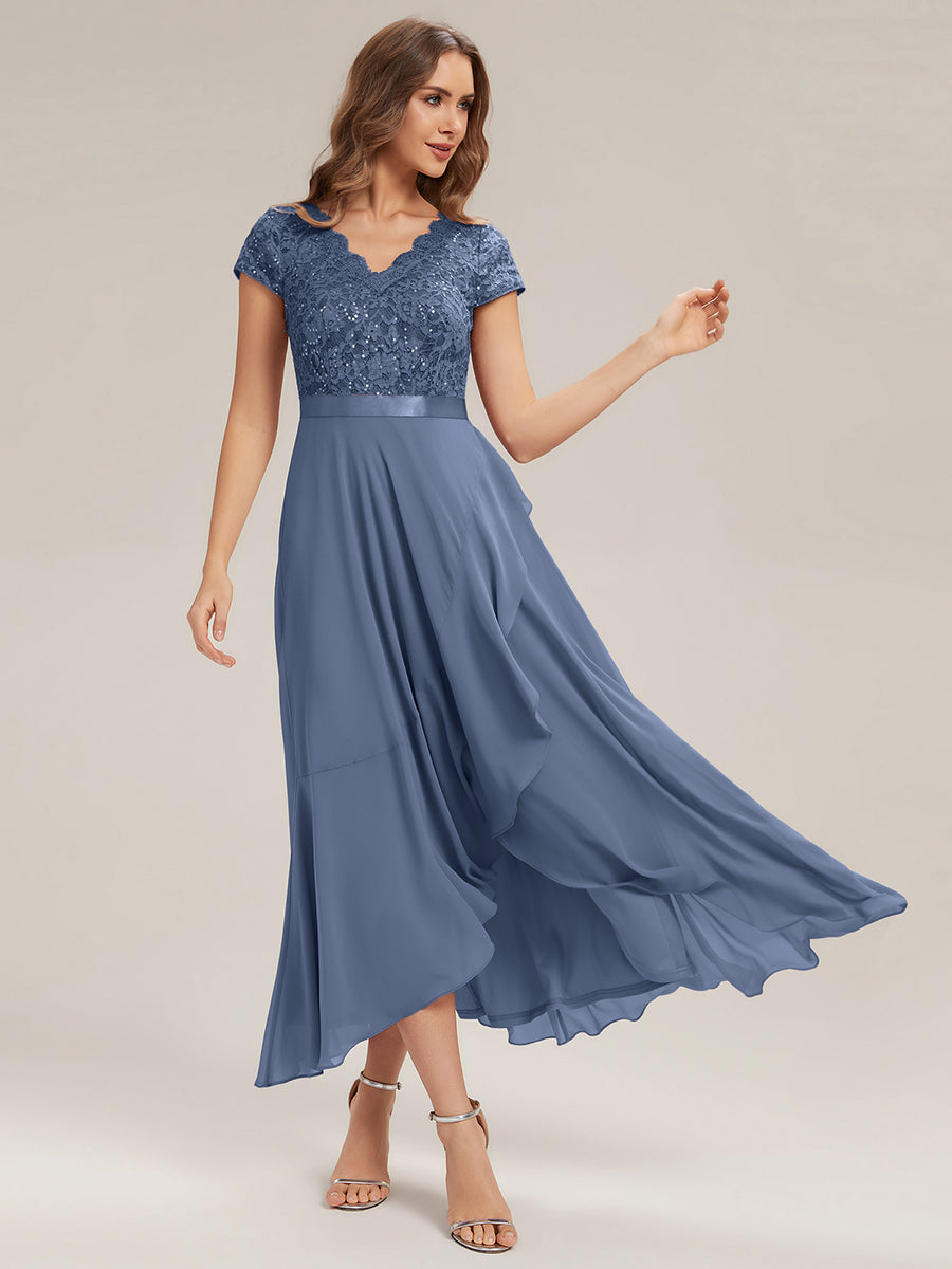 Deep V-Neck Chiffon Cap Sleeve Evening Dress #color_Dusty Blue
