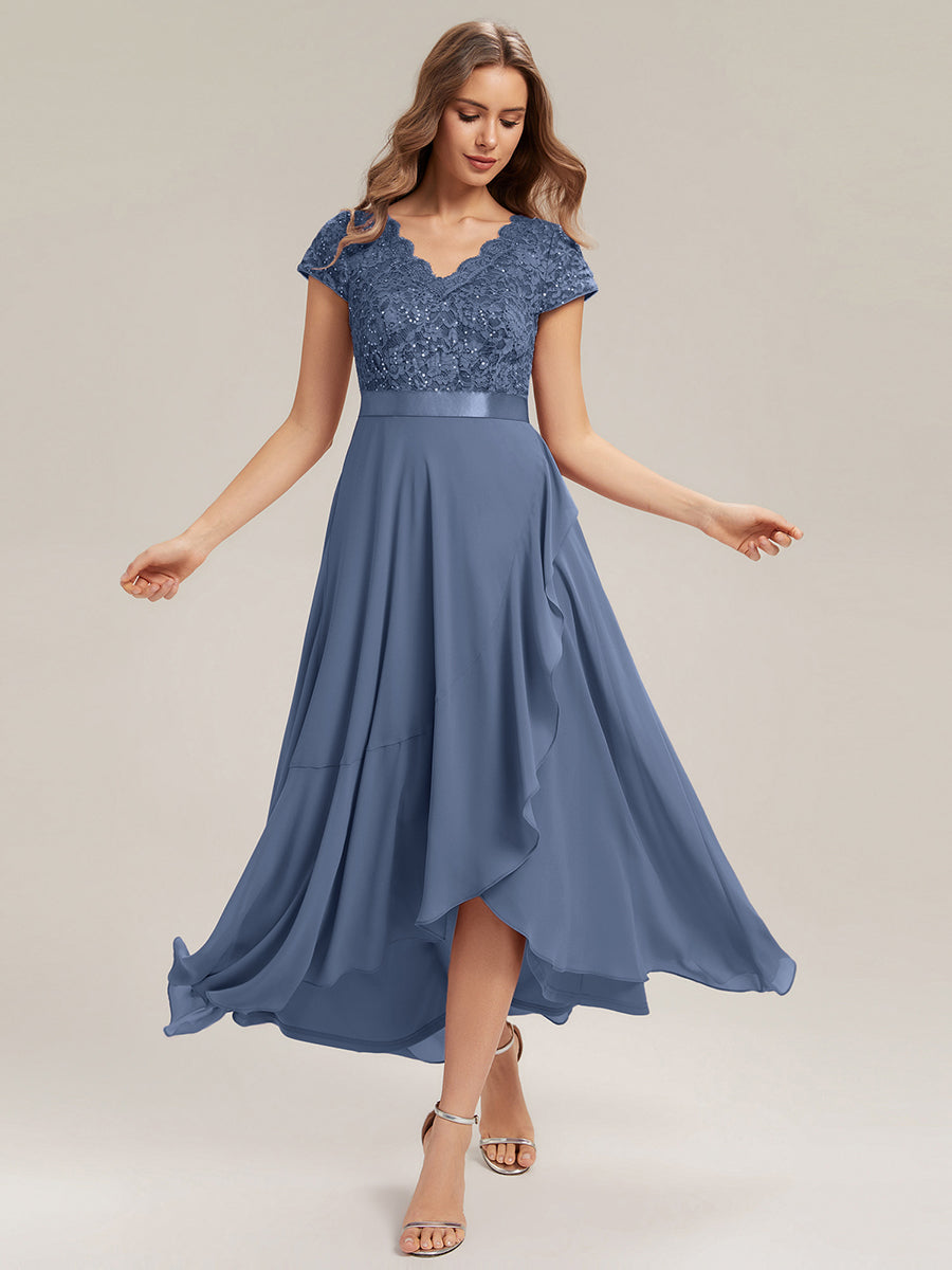 Deep V-Neck Chiffon Cap Sleeve Evening Dress #color_Dusty Blue