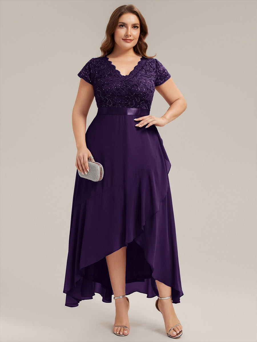 Plus Size Deep V-Neck Chiffon Evening Dress #color_Dark Purple