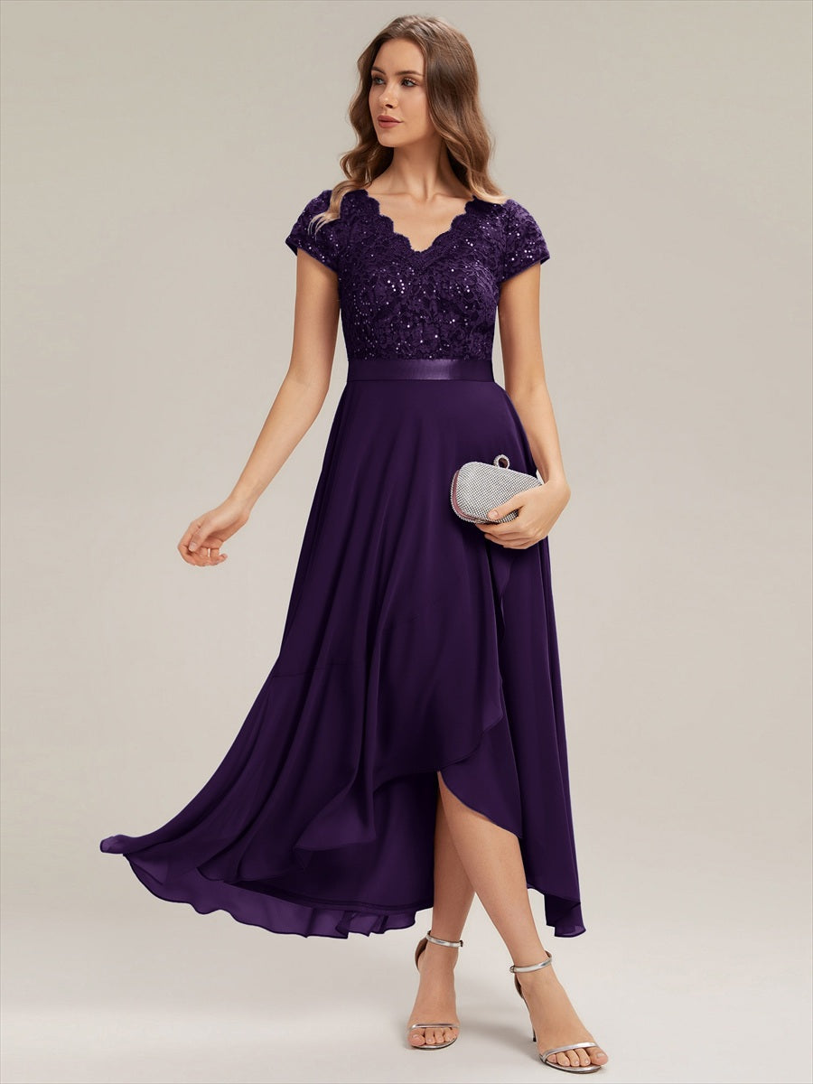 Deep V-Neck Chiffon Cap Sleeve Evening Dress #color_Dark Purple