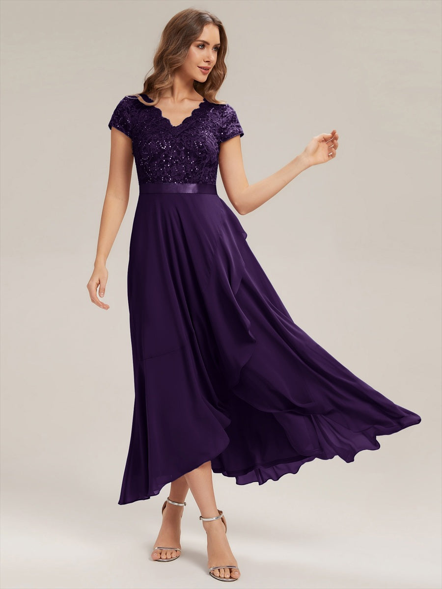 Deep V-Neck Chiffon Cap Sleeve Evening Dress #color_Dark Purple