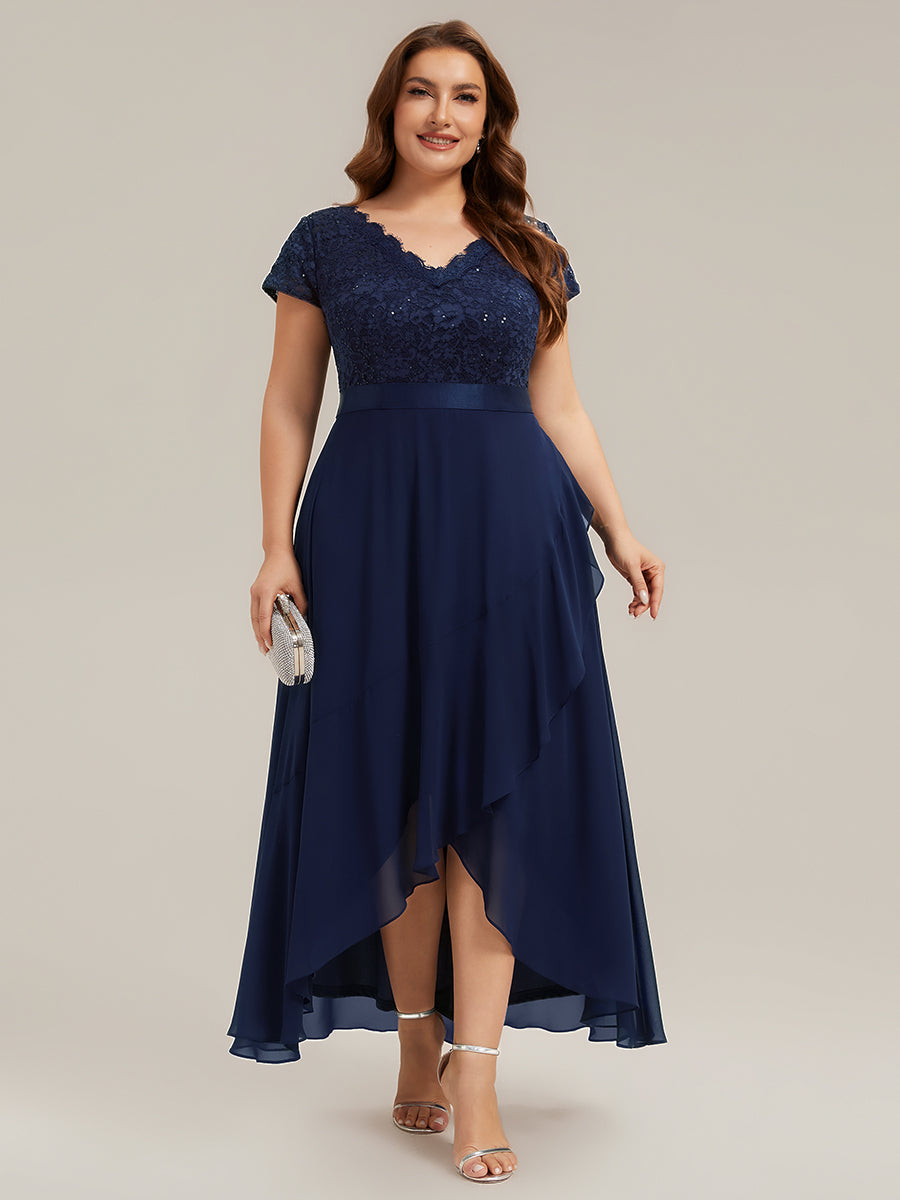 Deep V-Neck Chiffon Cap Sleeve Evening Dress #color_Navy Blue