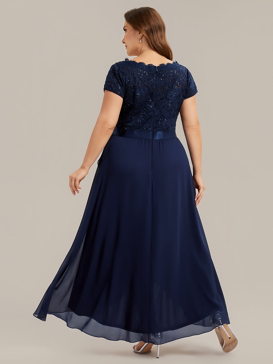 Deep V-Neck Chiffon Cap Sleeve Evening Dress #color_Navy Blue