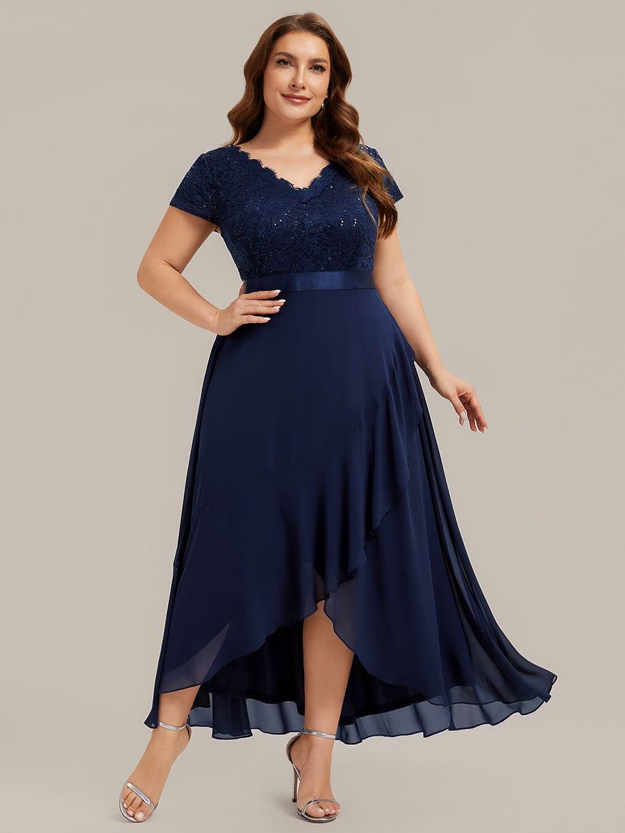 Deep V-Neck Chiffon Cap Sleeve Evening Dress #color_Navy Blue
