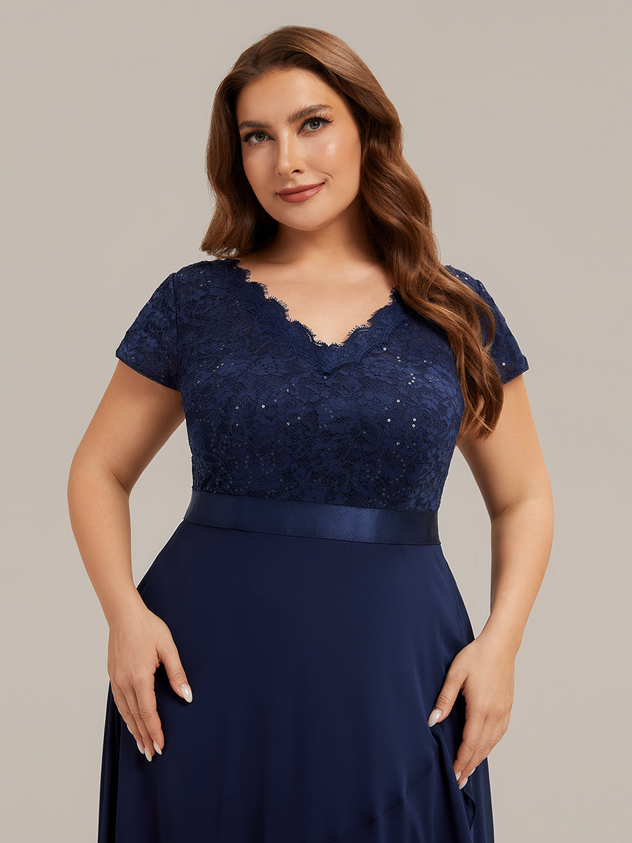 Deep V-Neck Chiffon Cap Sleeve Evening Dress #color_Navy Blue