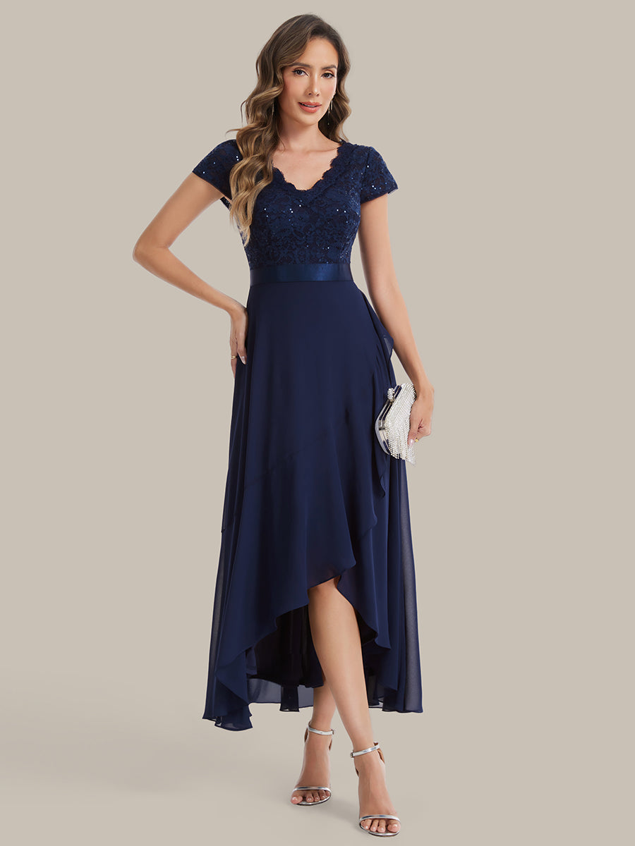 Deep V-Neck Chiffon Cap Sleeve Evening Dress #color_Navy Blue