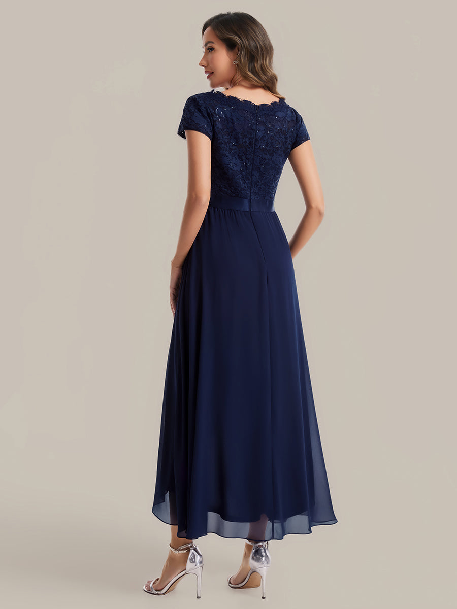 Deep V-Neck Chiffon Cap Sleeve Evening Dress #color_Navy Blue