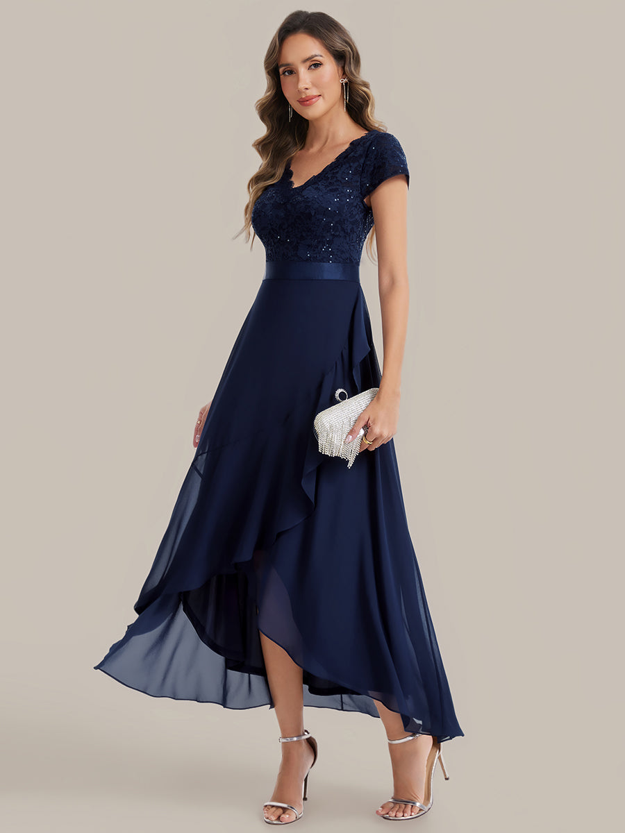 Deep V-Neck Chiffon Cap Sleeve Evening Dress #color_Navy Blue