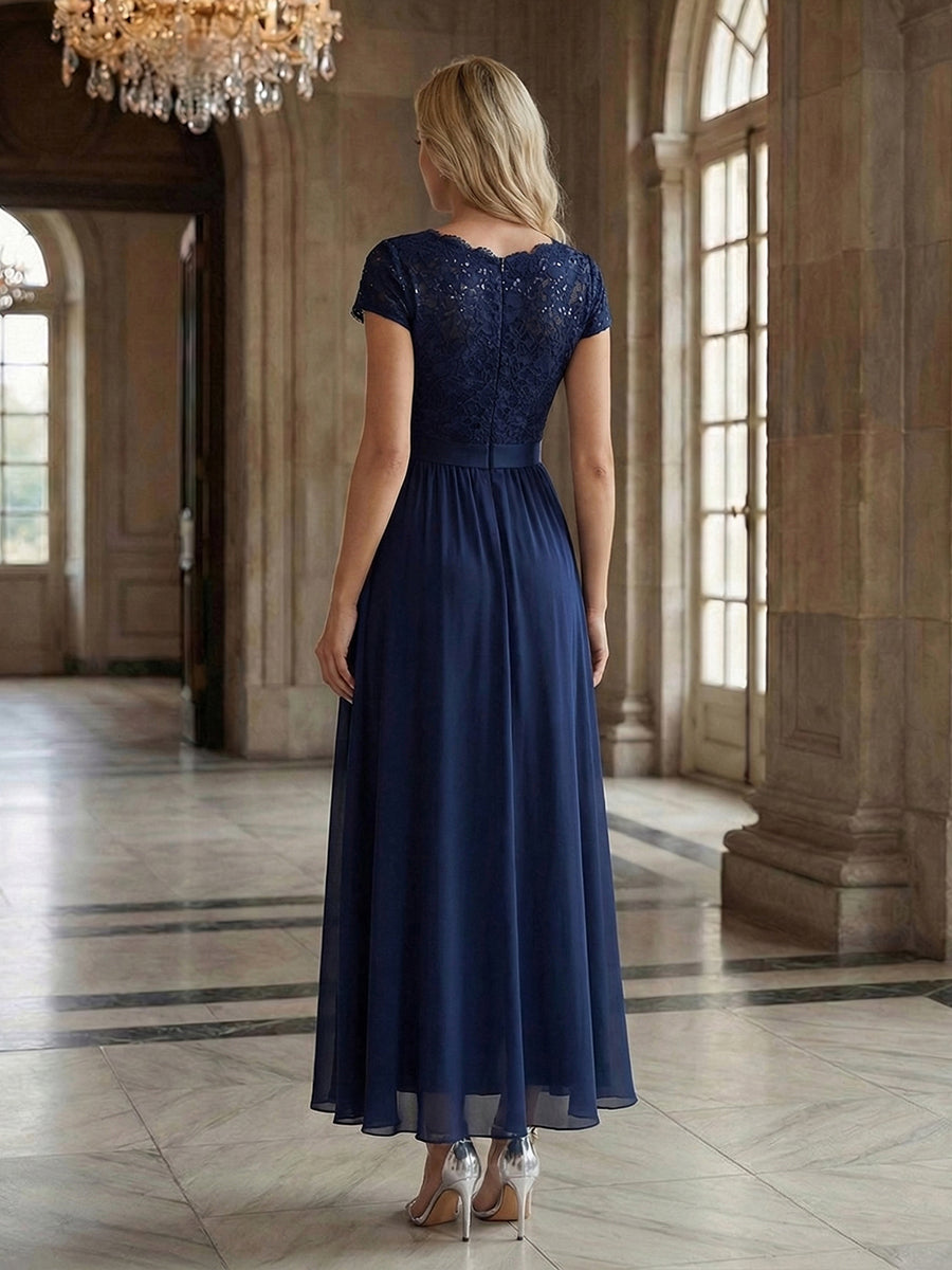 Deep V-Neck Chiffon Cap Sleeve Evening Dress #color_Navy Blue