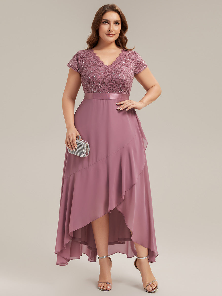 Deep V-Neck Chiffon Cap Sleeve Evening Dress #color_Purple Orchid