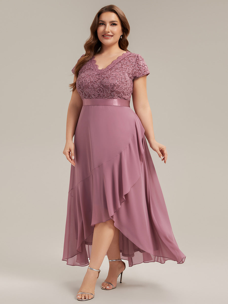 Deep V-Neck Chiffon Cap Sleeve Evening Dress #color_Purple Orchid