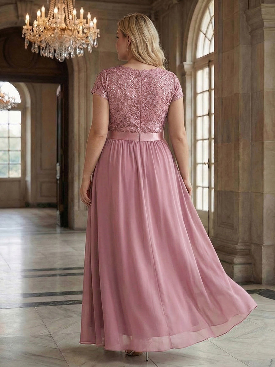 Deep V-Neck Chiffon Cap Sleeve Evening Dress #color_Purple Orchid