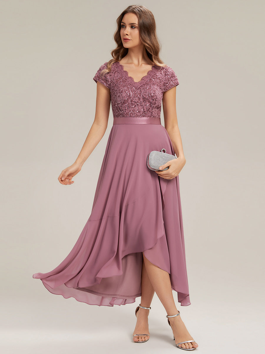 Deep V-Neck Chiffon Cap Sleeve Evening Dress #color_Purple Orchid