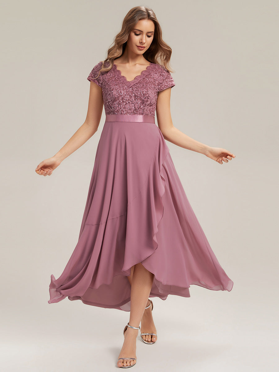 Deep V-Neck Chiffon Cap Sleeve Evening Dress #color_Purple Orchid