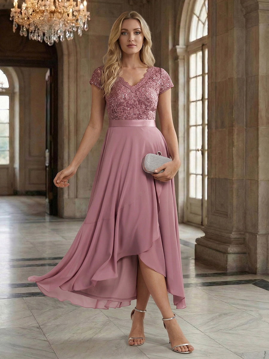 Deep V-Neck Chiffon Cap Sleeve Evening Dress #color_Purple Orchid